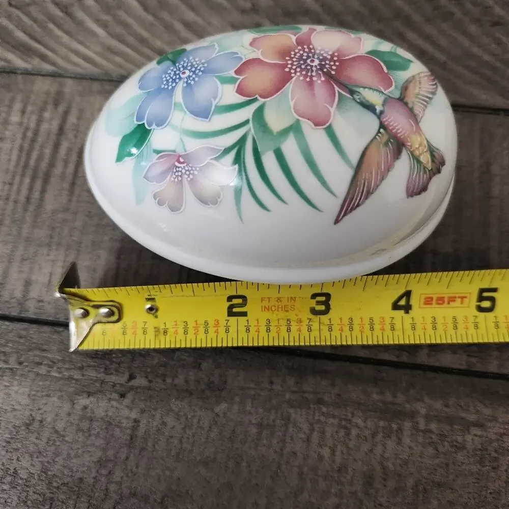 Baranyk Design Egg Shaped Ceramic Trinket Jewelry box Hummingbird Flowers